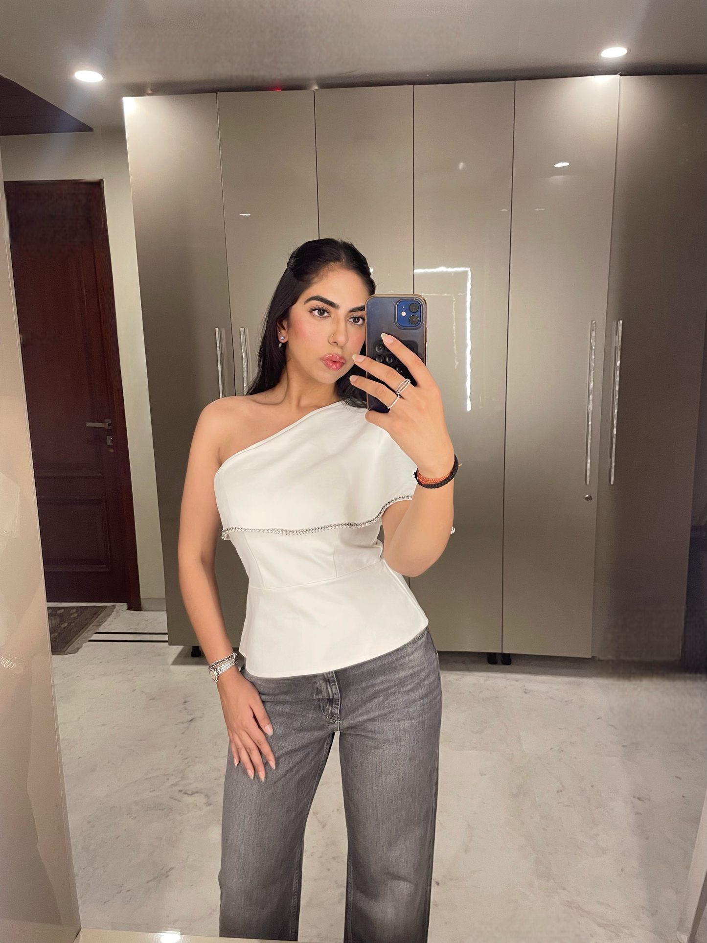 One shoulder flap top